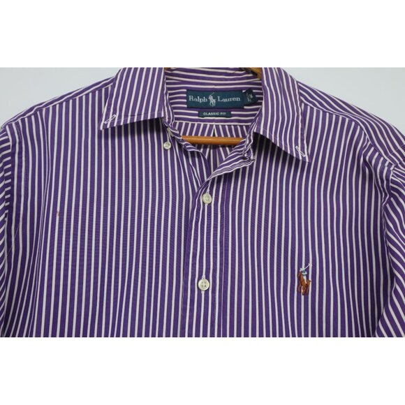 Ralph Lauren Purple & White Striped Button-Down Shirt Classic Fit Polo Logo - Picture 4 of 13